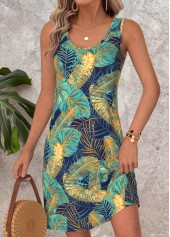 Leaf Print Tummy Coverage Multi Color Short Sleeveless Dress