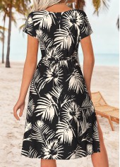 Leaf Print Tummy Coverage Black Short Sleeve Dress
