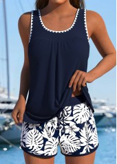 Mid Waisted Floral Print Tummy Coverage Navy Tankini Set