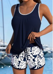 Mid Waisted Floral Print Tummy Coverage Navy Tankini Set