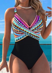 Striped Tummy Control Black One Piece Swimwear