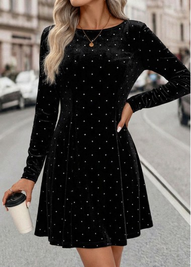 Tummy Coverage Black Short Long Sleeve Boat Neck Dress