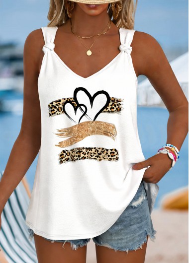 Leopard Tie White Strappy V Neck Tank Top Leopard Tie White Strappy V Neck Tank Top