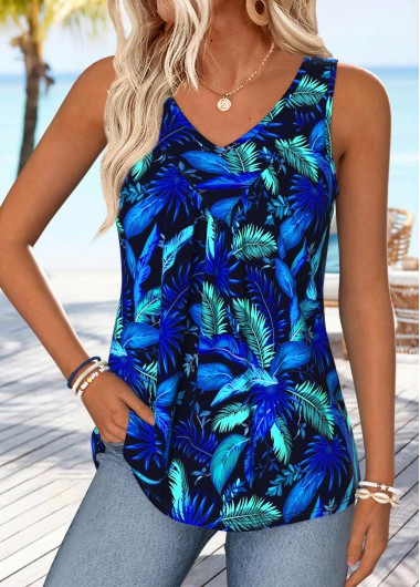 Leaf Print Tummy Coverage Dark Blue Sleeveless Tank Top
