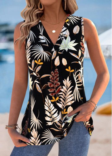 Leaf Print Multi Color Sleeveless V Neck Tank Top