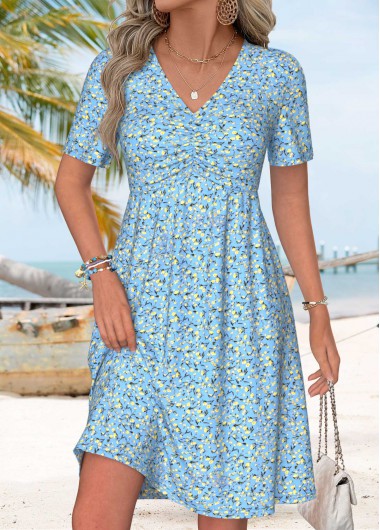 Ditsy Floral Print Tummy Coverage Blue Short Dress