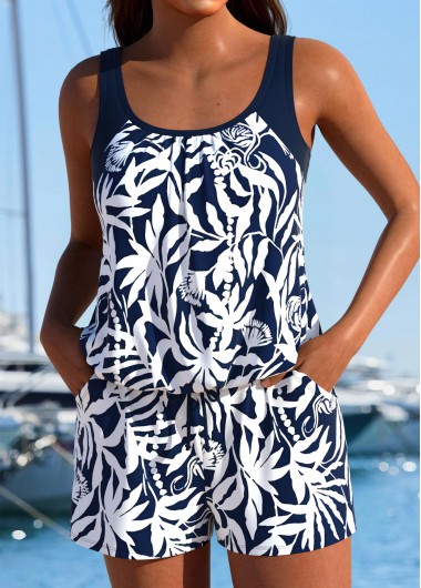 Tropical Plants Print Tummy Coverage Navy One Piece Swimwear