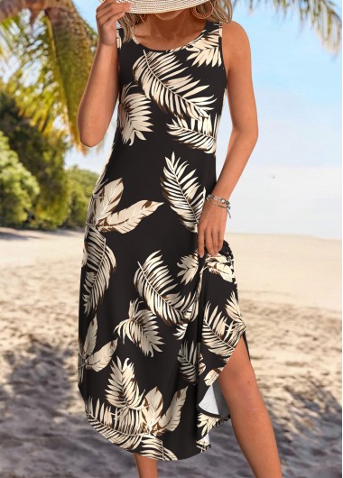 Leaf Print Tummy Coverage Black Sleeveless Round Neck Dress Leaf Print Tummy Coverage Black Sleeveless Round Neck Dress