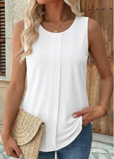 Patchwork White Sleeveless Round Neck Tank Top