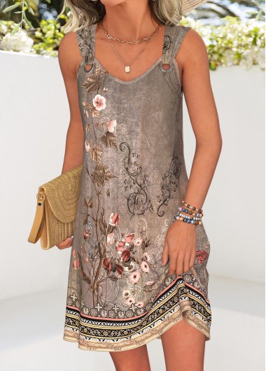 Random Floral Print Tummy Coverage Gray Brown Short Dress