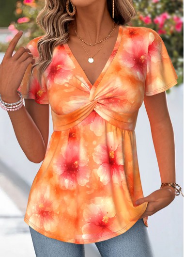 Floral Print Twist Orange Short Sleeve T Shirt