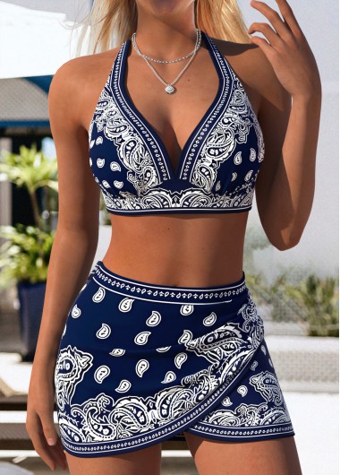 Mid Waisted Paisley Print Pull On Navy Bikini Set