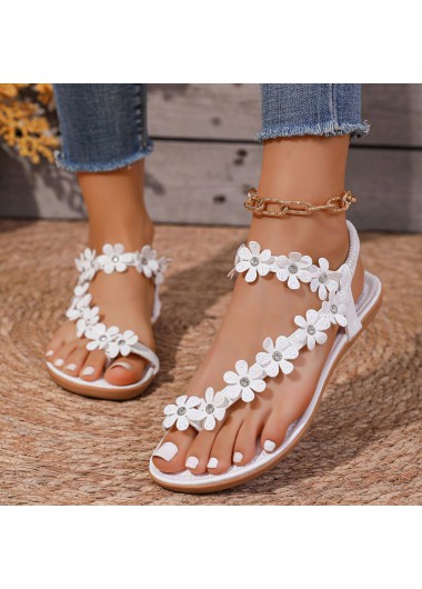 White Floral Toe Post Falt Sandals