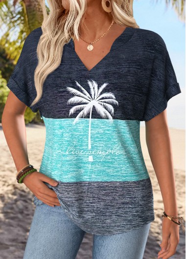 Tropical Plants Print Tummy Coverage Dusty Blue T Shirt