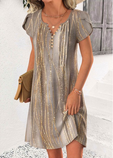 Ombre Tummy Coverage Gray Brown Short Split Neck Dress