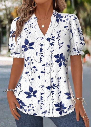 Floral Print Tummy Coverage Raw White Short Sleeve Blouse