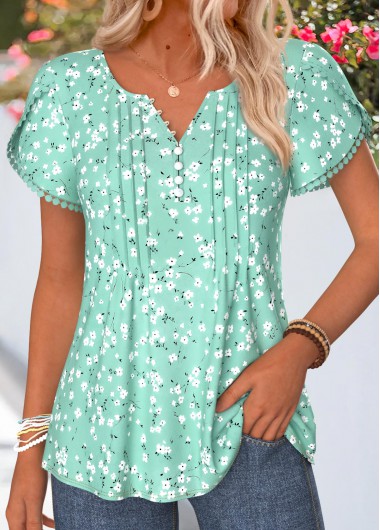 Floral Print Patchwork Light Green Short Sleeve T Shirt