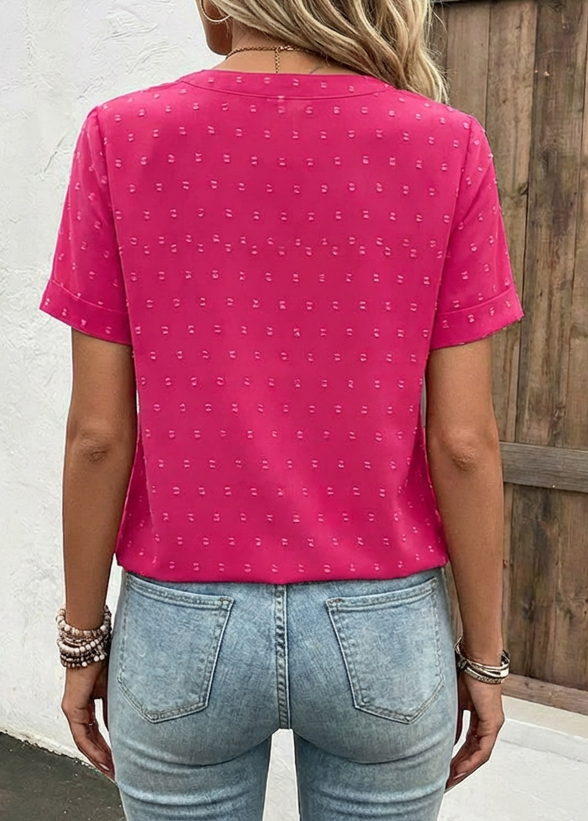 Button Hot Pink Short Sleeve Split Neck Blouse