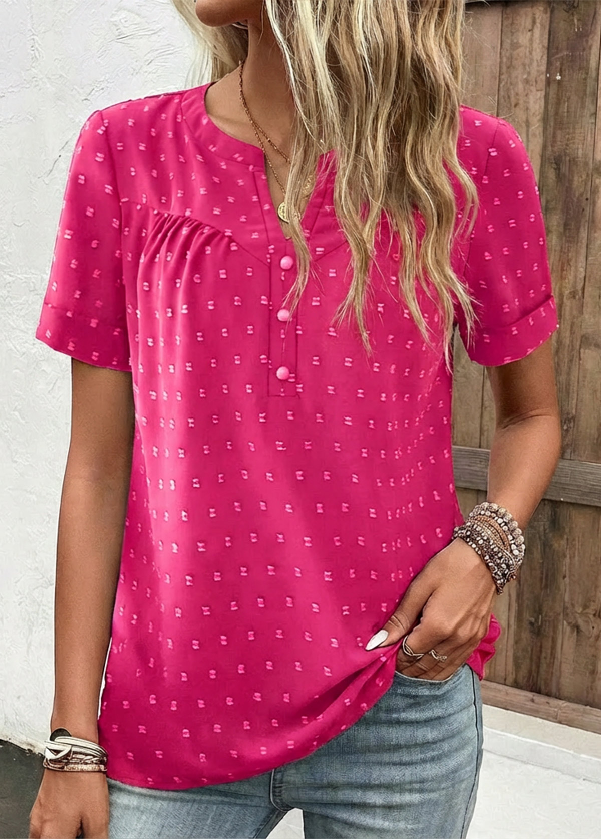 Button Hot Pink Short Sleeve Split Neck Blouse