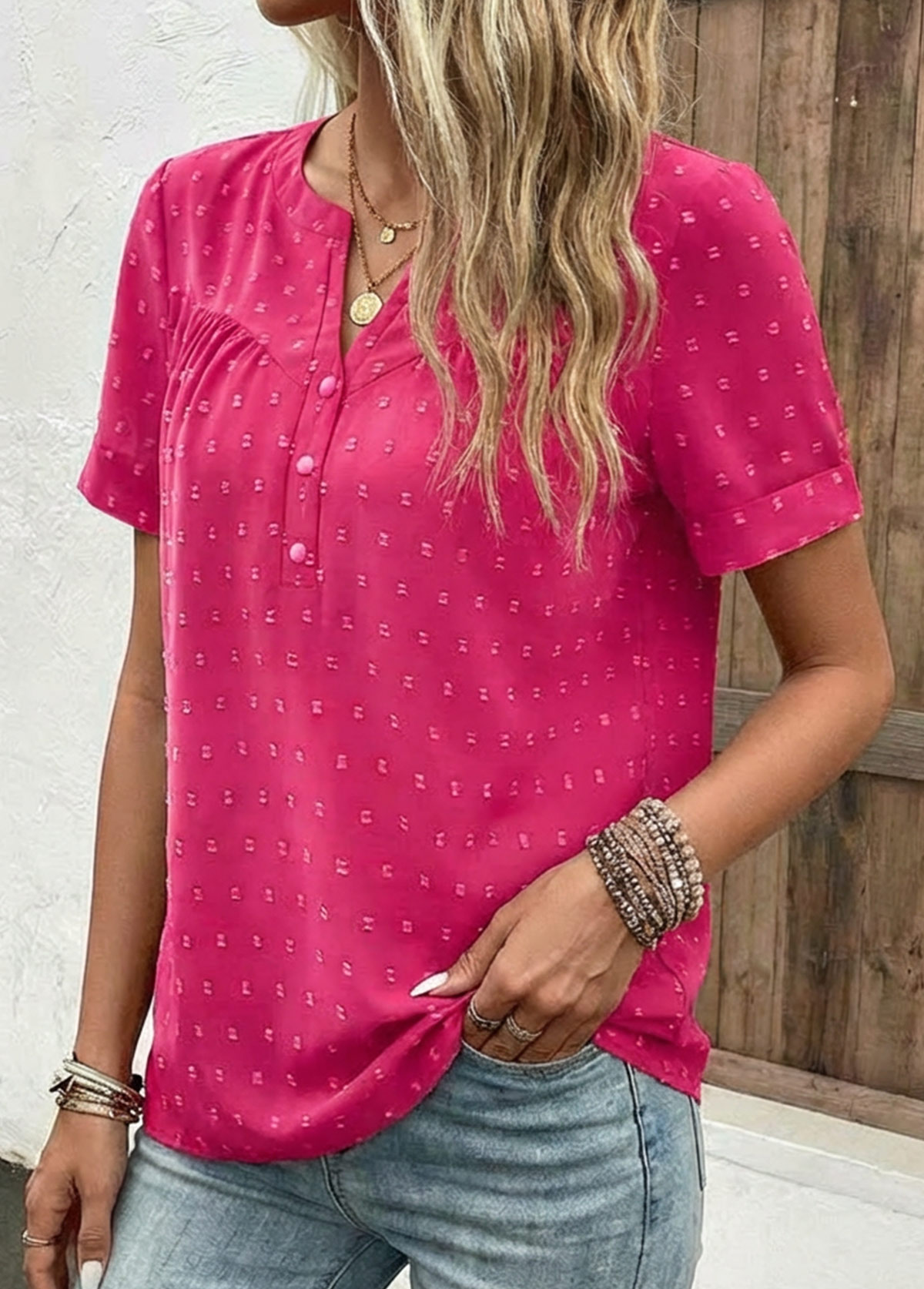 Button Hot Pink Short Sleeve Split Neck Blouse