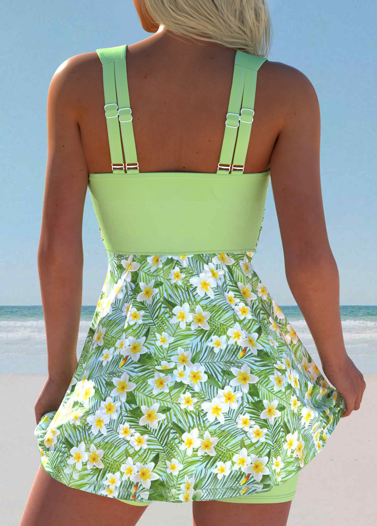 Mid Waisted Floral Print Surplice Light Green Tankini Set