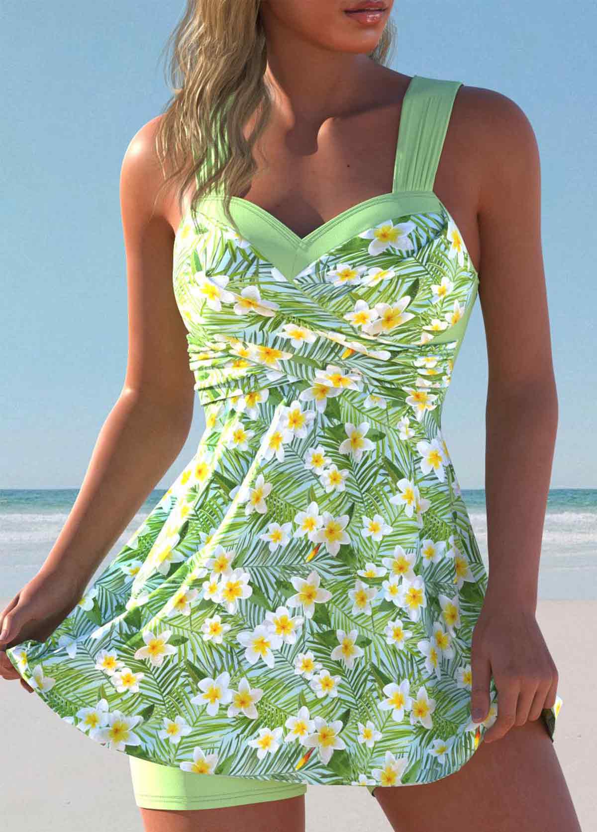 Mid Waisted Floral Print Surplice Light Green Tankini Set
