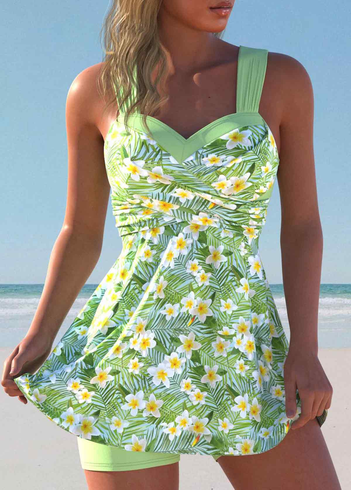 Mid Waisted Floral Print Surplice Light Green Tankini Set