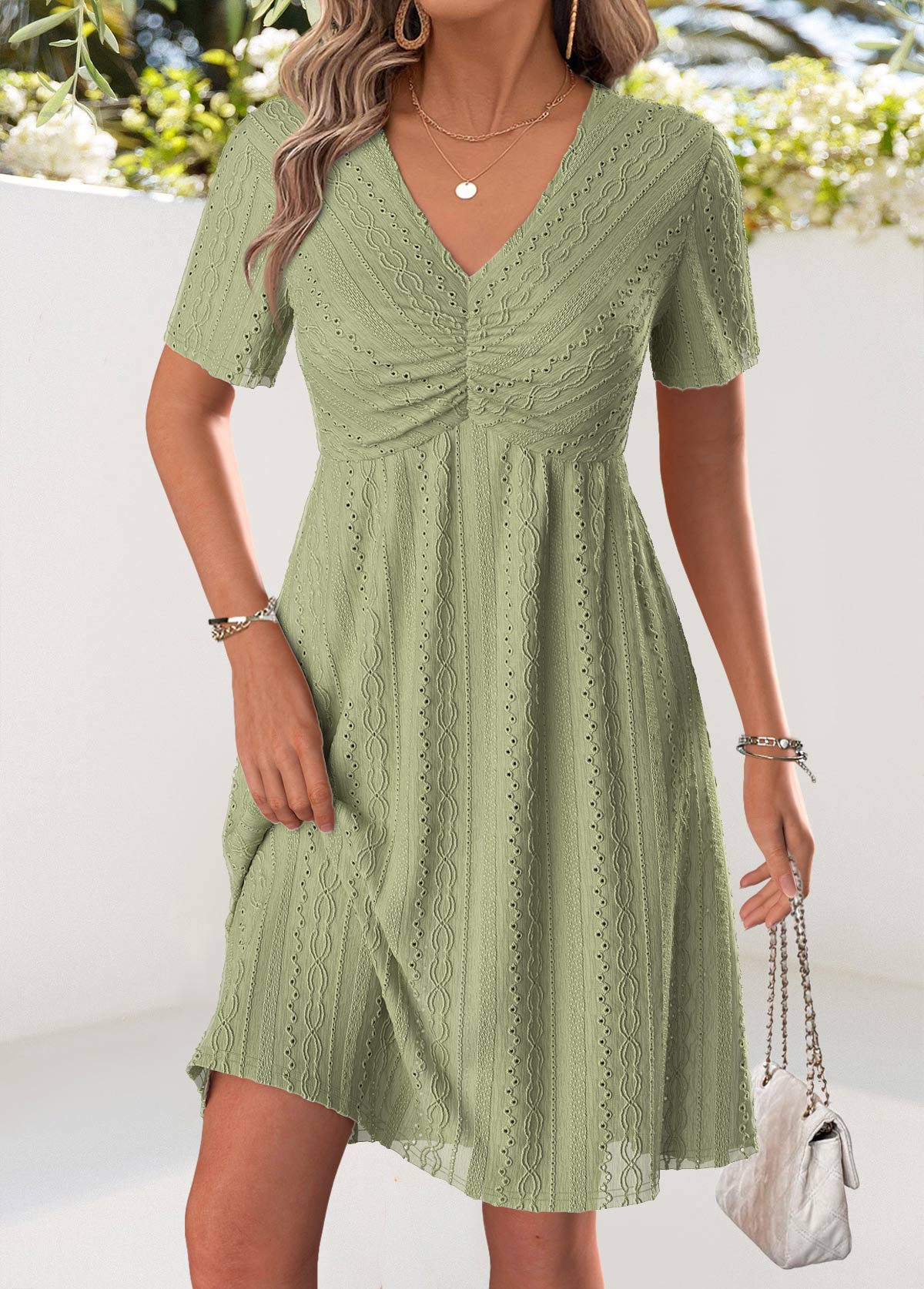 Light Camel Short Sleeve V Neck Dress