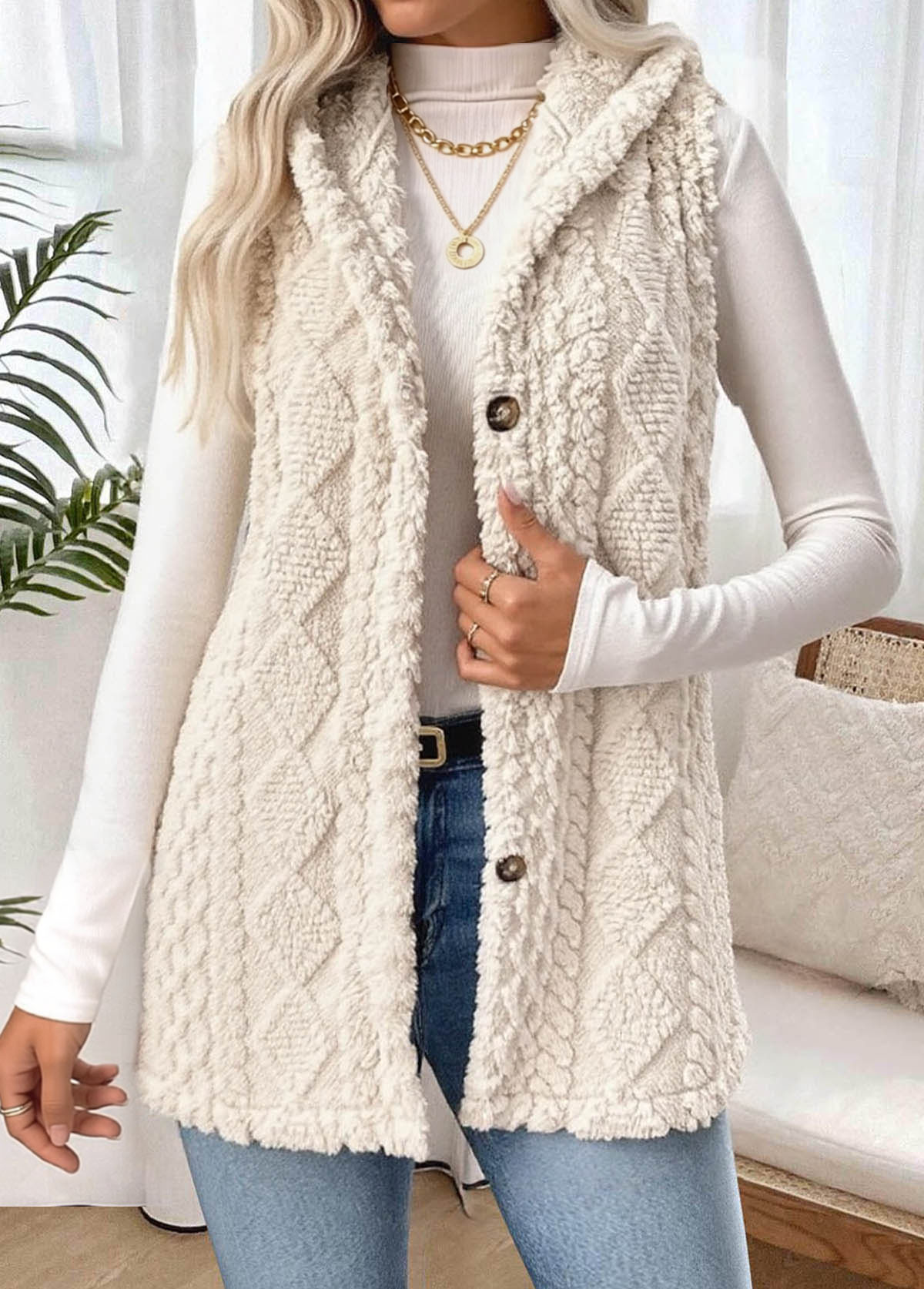 Tummy Coverage Beige Sleeveless Hooded Waistcoat