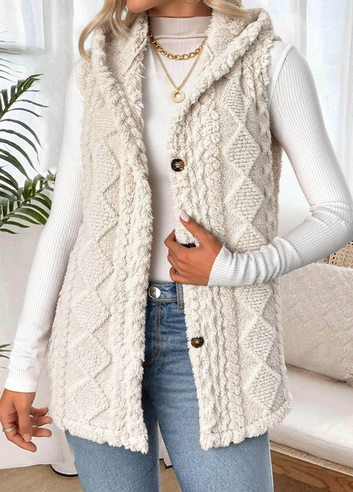 Tummy Coverage Beige Sleeveless Hooded Waistcoat
