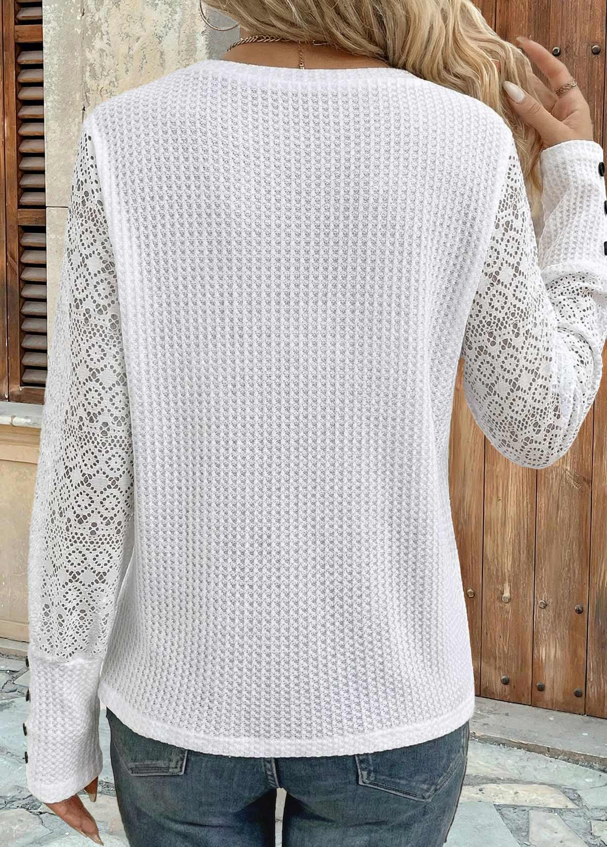 Patchwork White Long Sleeve Round Neck T Shirt