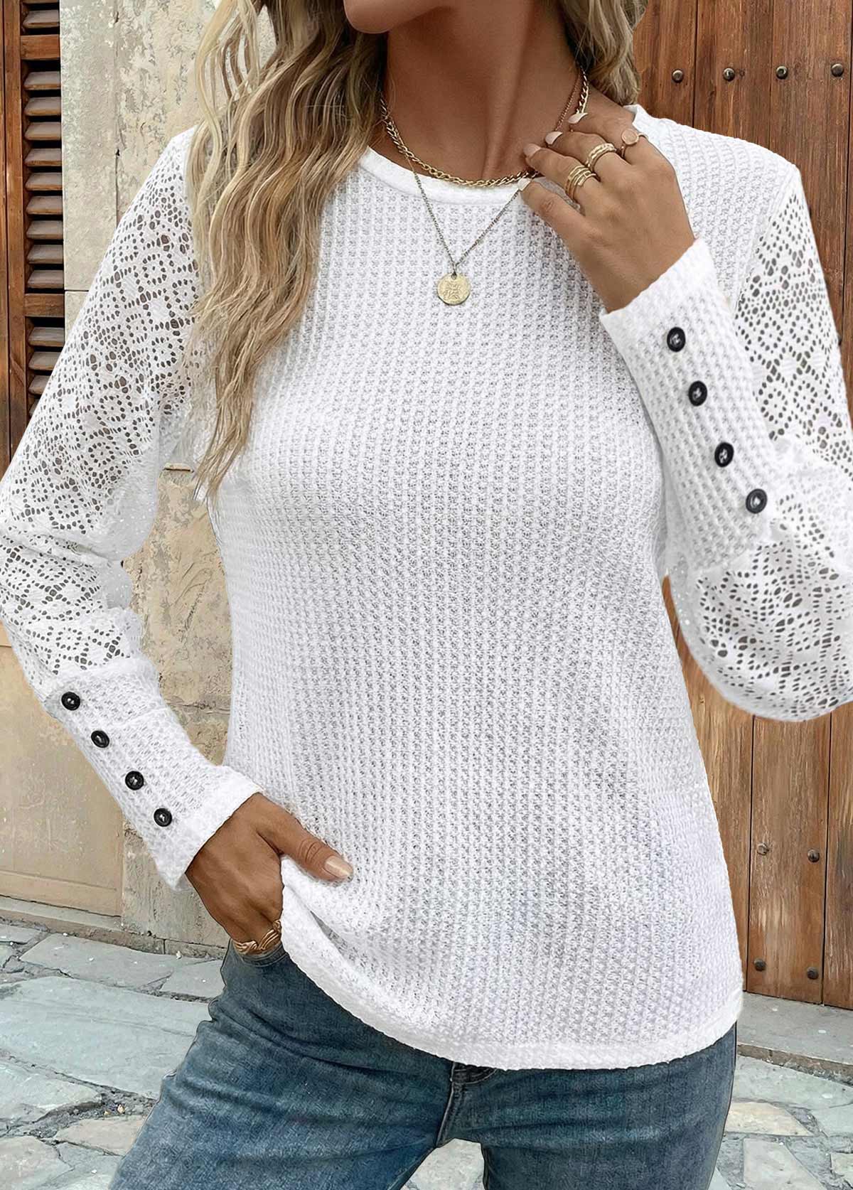 Patchwork White Long Sleeve Round Neck T Shirt