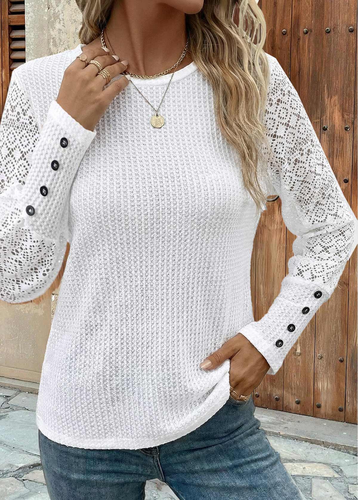 Patchwork White Long Sleeve Round Neck T Shirt