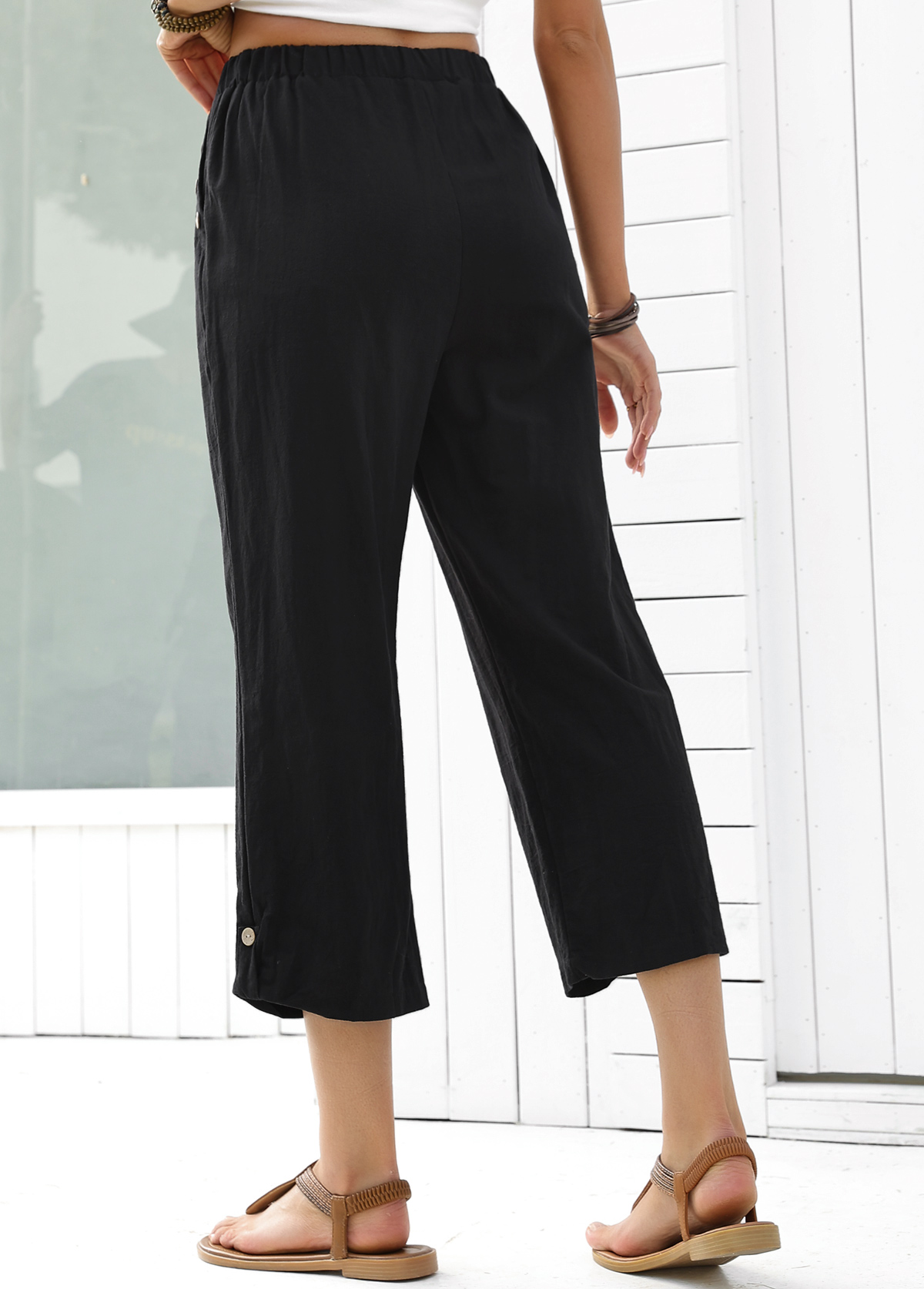 Black Straight Leg Elastic Waist High Waisted Pants