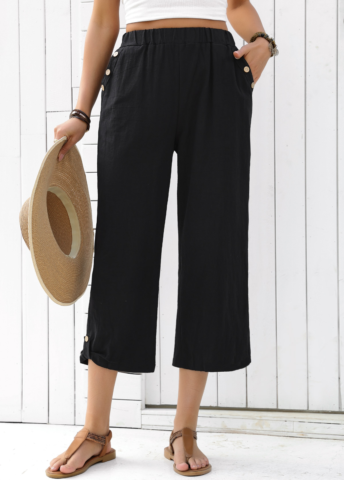 Black Straight Leg Elastic Waist High Waisted Pants