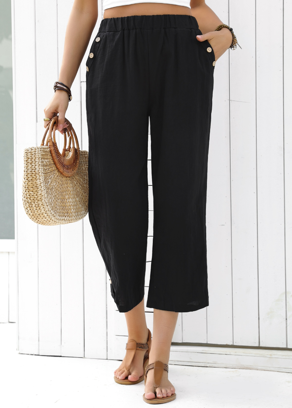 Black Straight Leg Elastic Waist High Waisted Pants