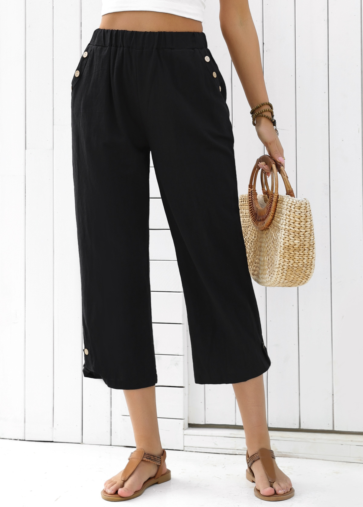 Black Straight Leg Elastic Waist High Waisted Pants