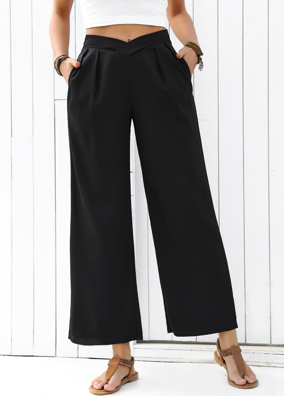 Flowy Black Wide Leg Elastic Waist High Waisted Pants