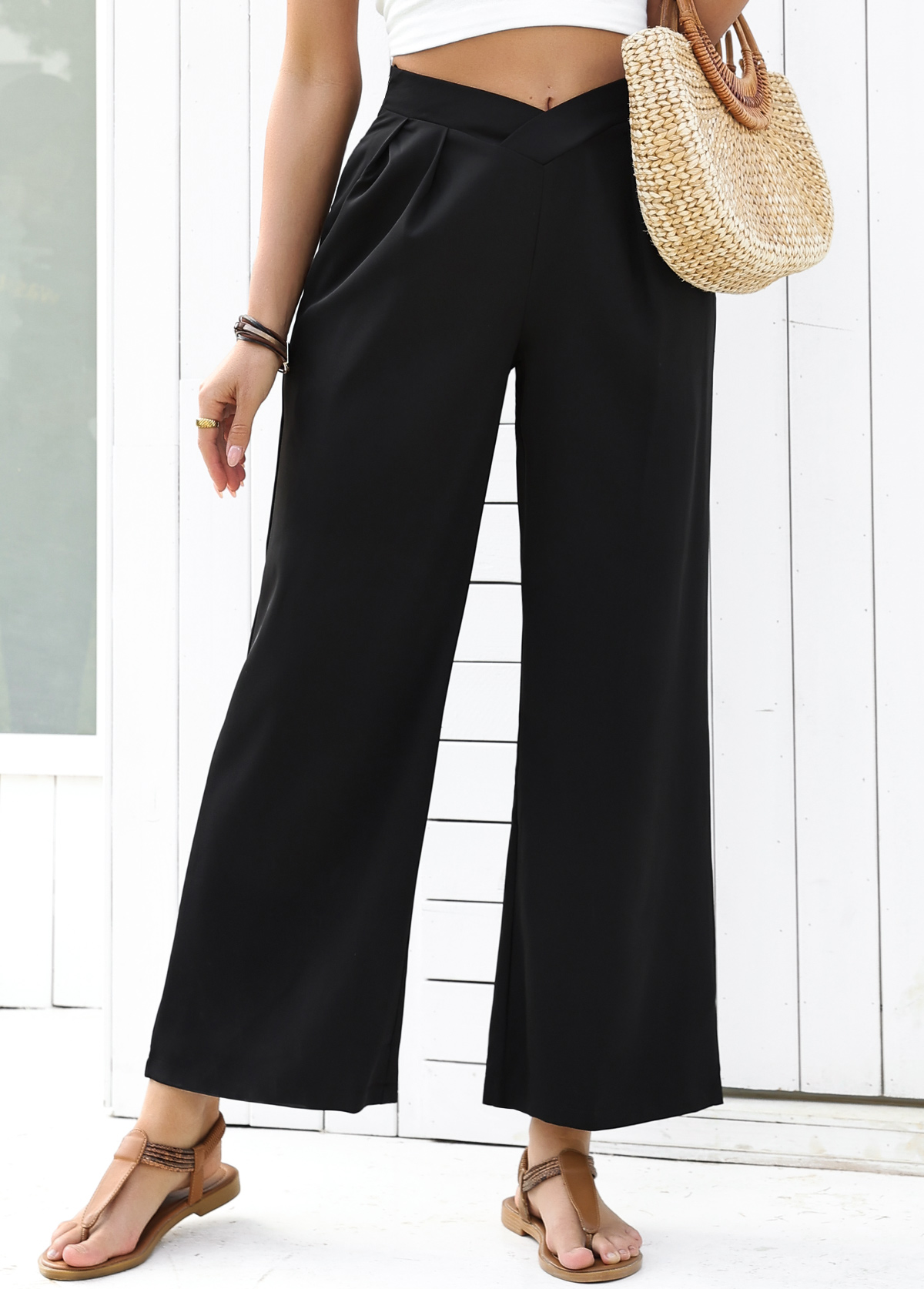 Flowy Black Wide Leg Elastic Waist High Waisted Pants