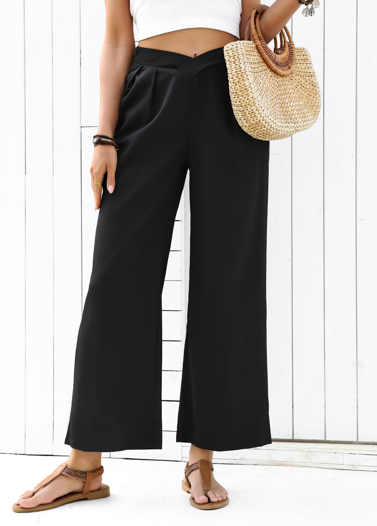 Flowy Black Wide Leg Elastic Waist High Waisted Pants