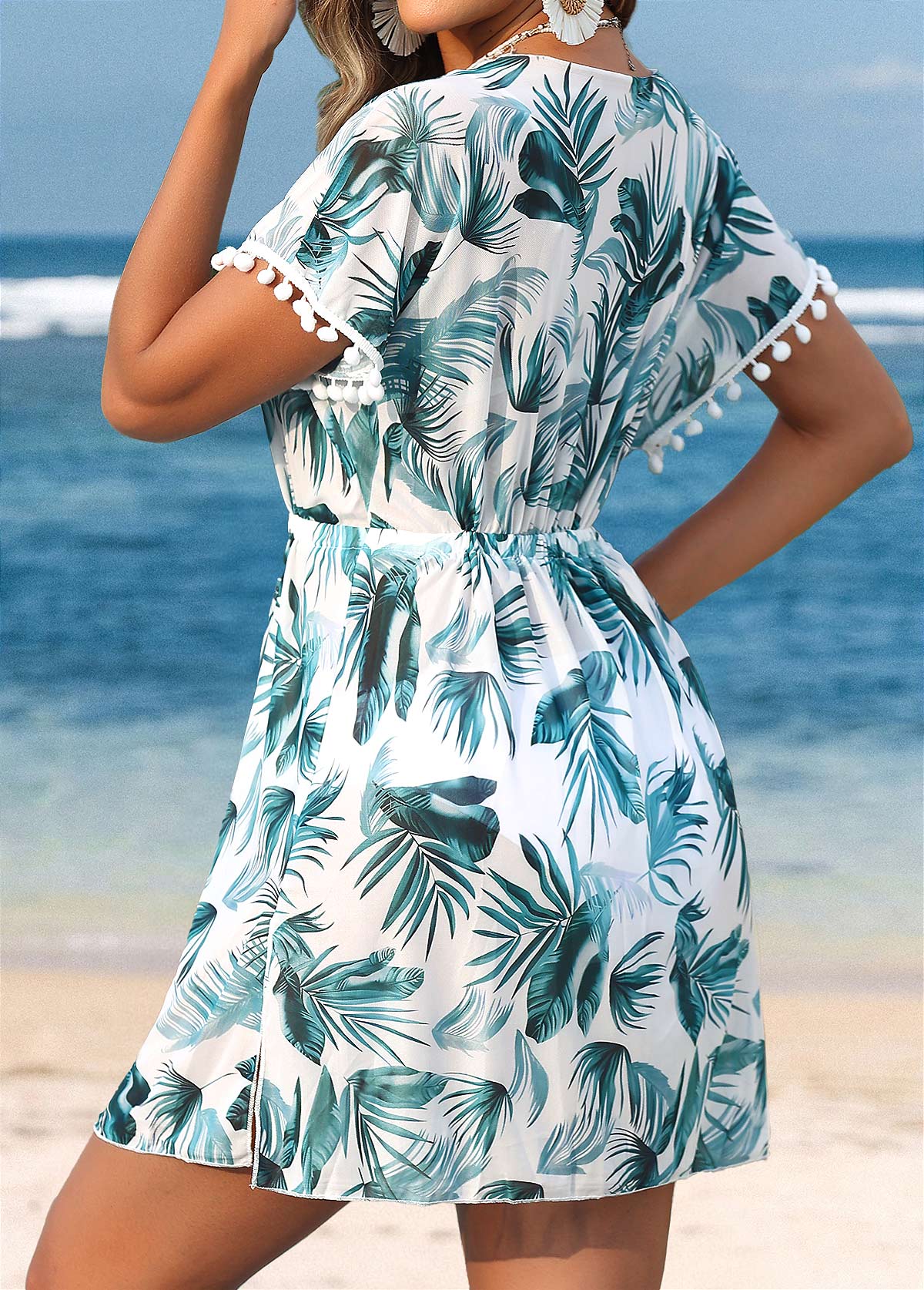 Tropical Plants Print Tummy Coverage Turquoise Cover Up