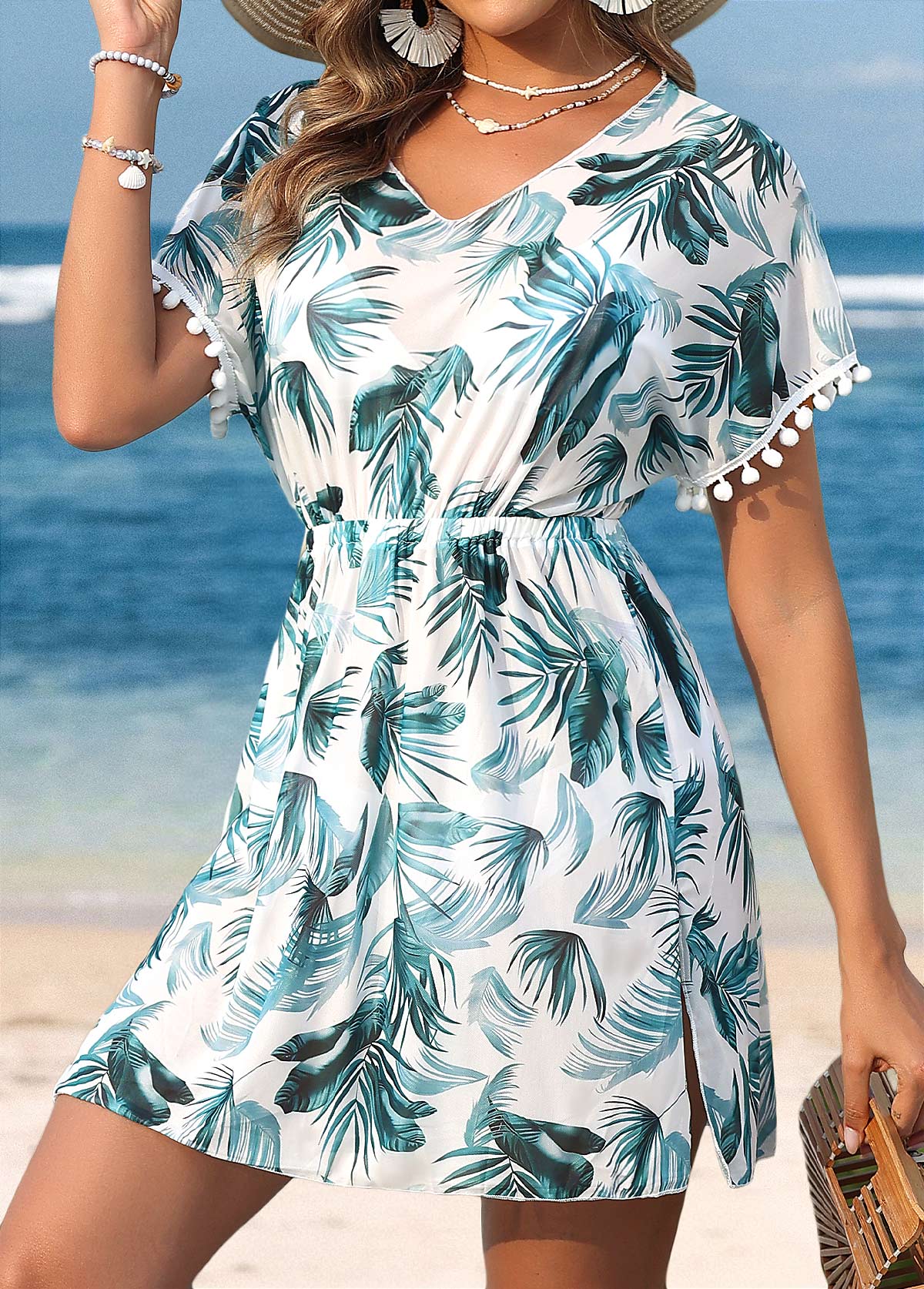 Tropical Plants Print Tummy Coverage Turquoise Cover Up