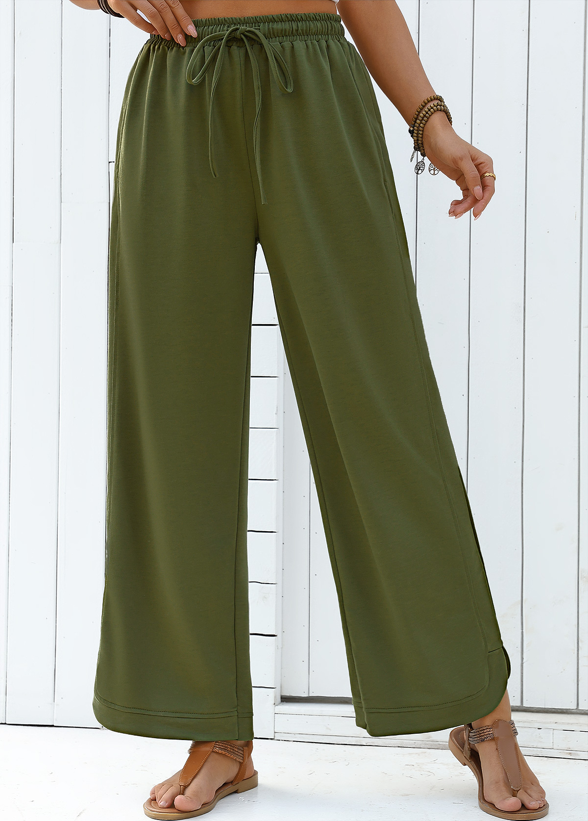 Olive Green Wide Leg Elastic Waist High Waisted Pants