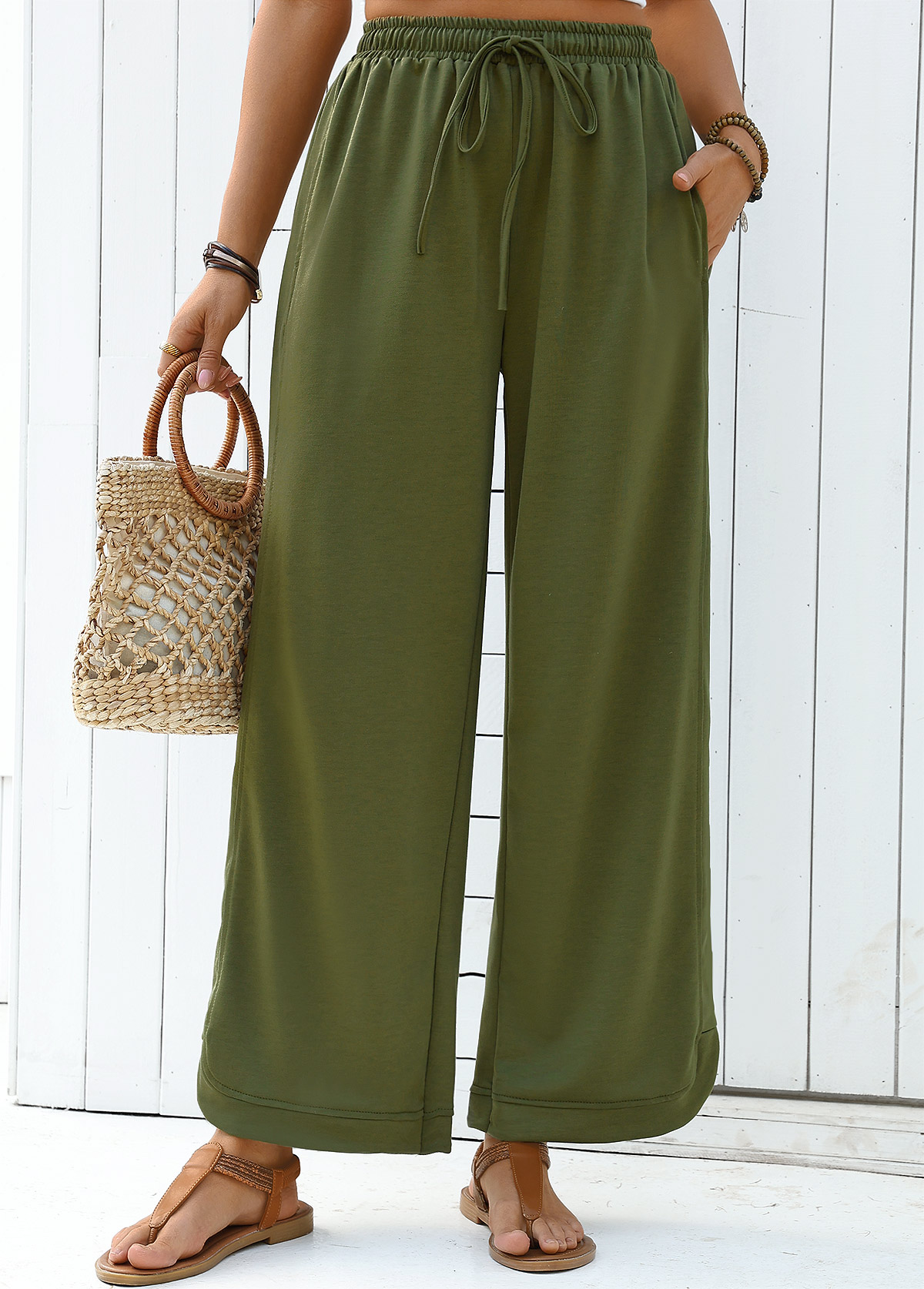 Olive Green Wide Leg Elastic Waist High Waisted Pants