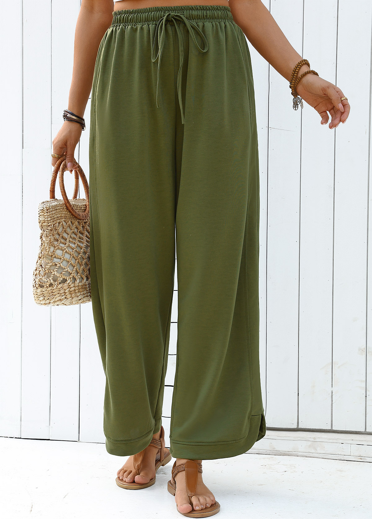 Olive Green Wide Leg Elastic Waist High Waisted Pants