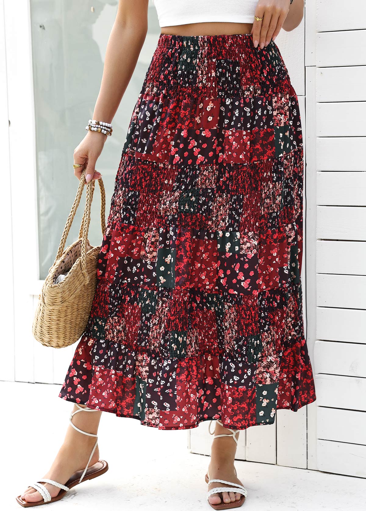 Ditsy Floral Print Wine Red A Line Skirt