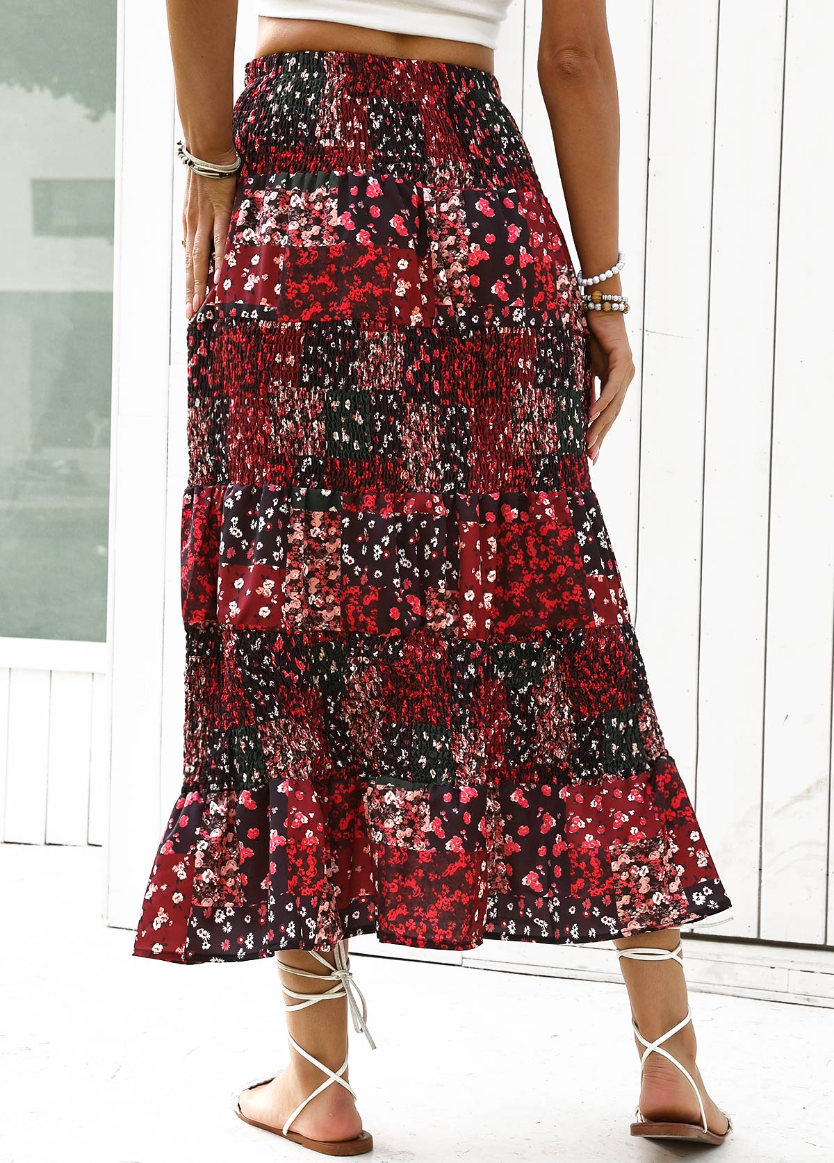 Ditsy Floral Print Wine Red A Line Skirt