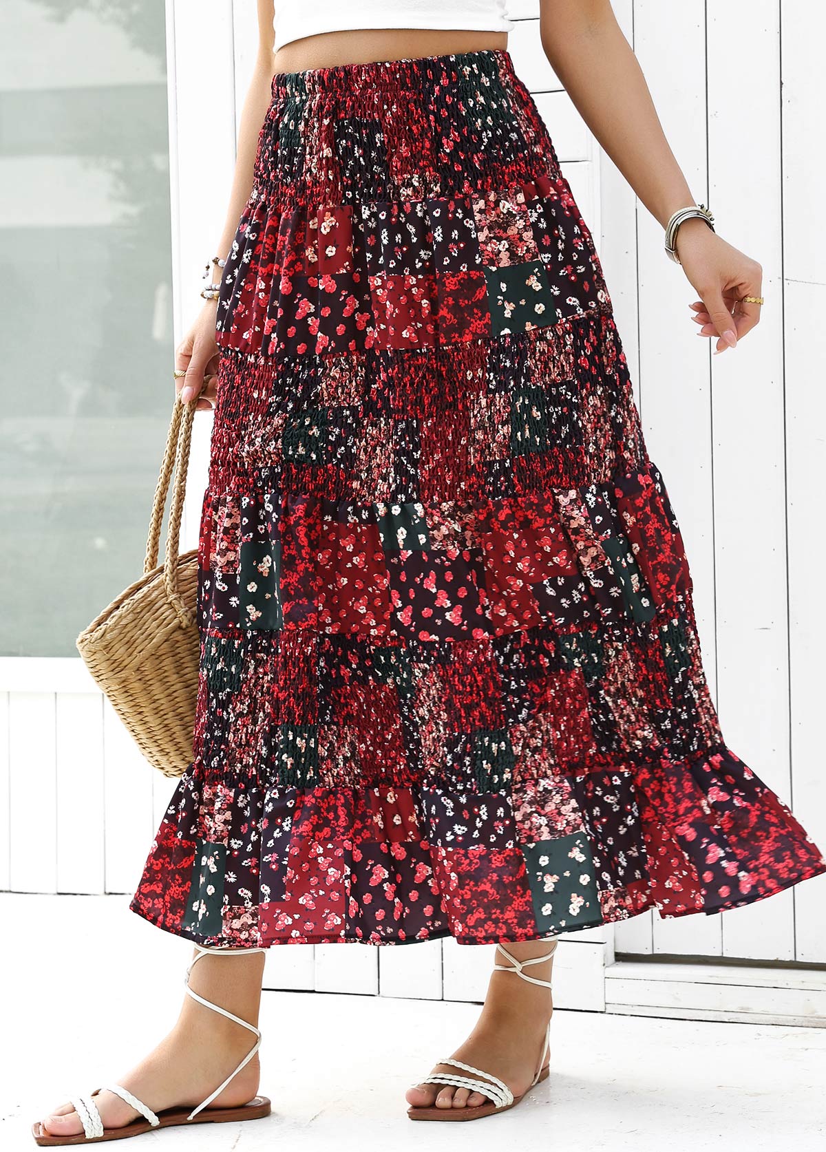 Ditsy Floral Print Wine Red A Line Skirt