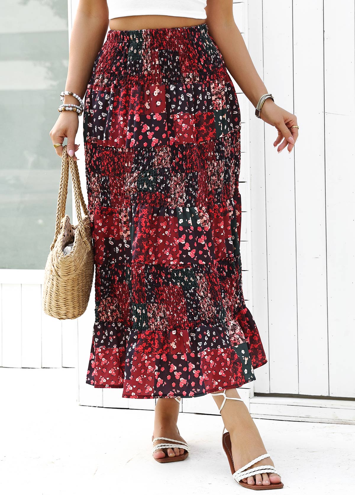 Ditsy Floral Print Wine Red A Line Skirt
