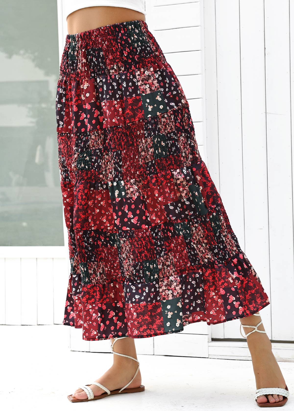 Ditsy Floral Print Wine Red A Line Skirt